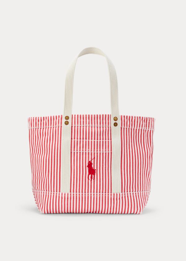 Bolsos De Mano Polo Ralph Lauren Mujer Rojos / Blancos - Canvas Striped Medium - RMKUN8302